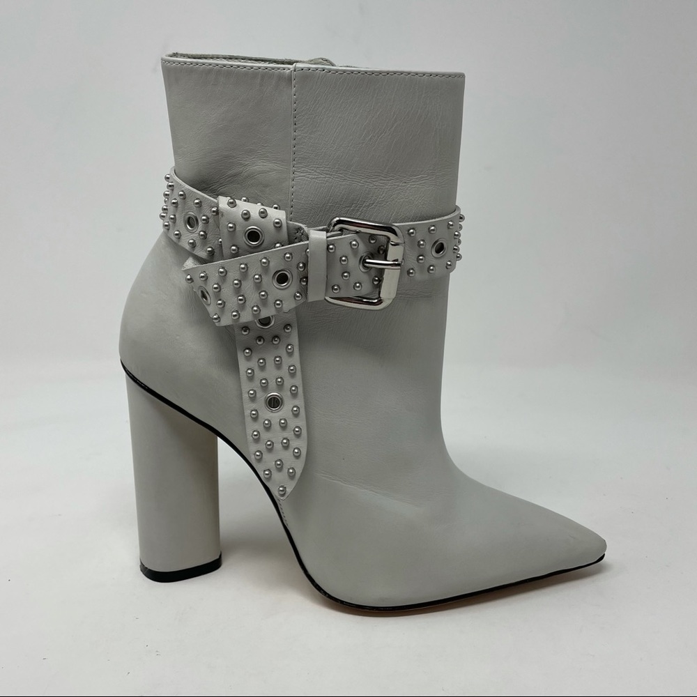 Schutz Theodora Pearl White Leather High Block Heel Studded Bootie Size 5.